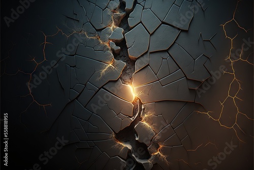  a cracked wall with a light shining through it and a crack in the wall behind it that shows a crack in the wall and a hand reaching for a light with a crack in the wall. Generative AI
