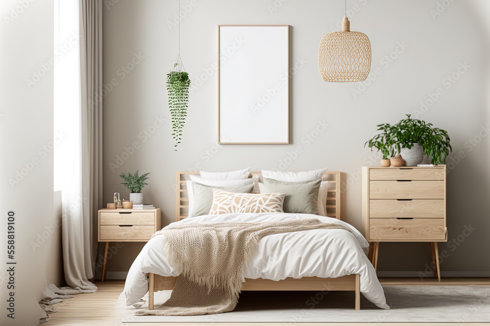 Scandinavian style bedroom mockup with natural wood furniture and a beige color scheme. Generative AI - obrazy, fototapety, plakaty 