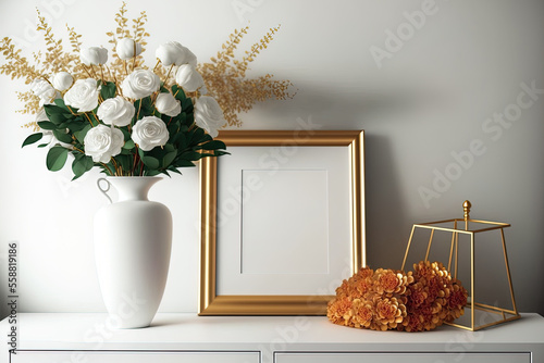 White furniture with a golden horizontal frame and a bunch of fresh flowers, luxury house design, and mockup designs. Generative AI