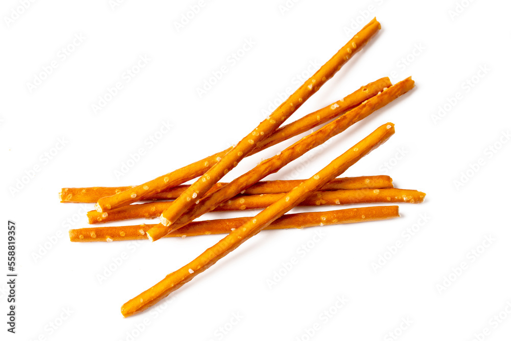 Stick cracker, pretzel, on white background. Crunchy salted pretzel sticks isolated.