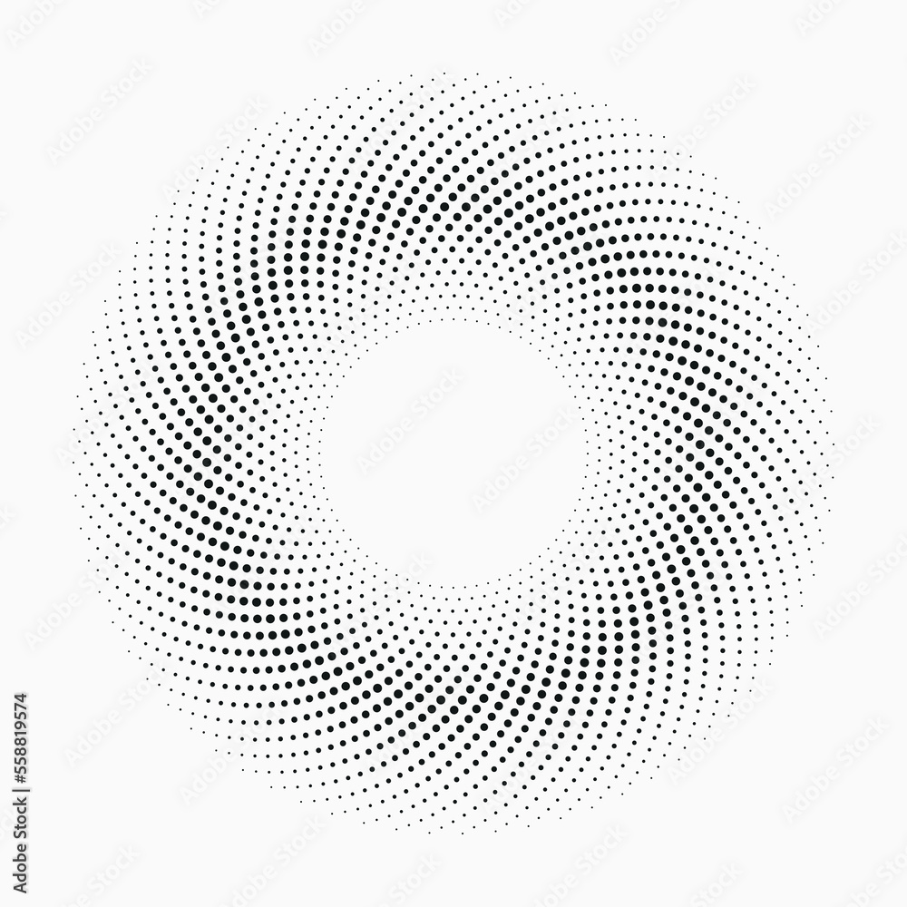 Halftone dots in circle form. Round halftone logo. Vector dotted frame design. Abstract dotted background. Pattern, texture, object of dots. Design element.