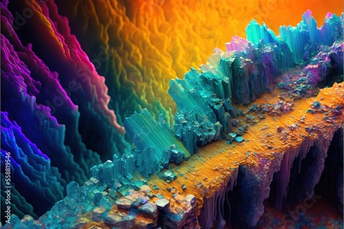  a colorful abstract painting with a rainbow colored line of rocks and rocks on the side of the mountain side and a yellow line on the side of the mountain side of the mountai Generative AI photo