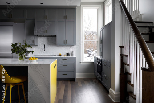USA OAK PARK, IL DAY 1, NOVEMBER 2020 A contemporary kitchen with dark hardwood floors, a staircase, and grey cabinets. The white granite countertops are topped with a bowl of lemons. Generative AI
