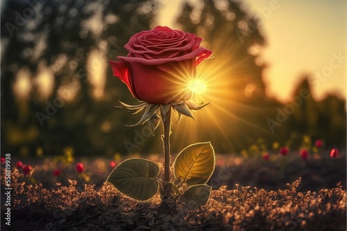  a single rose is shown in the sun setting over a field of flowers with a tree in the background and a field of flowers in the foreground with a few leaves and a few. Generative AI
