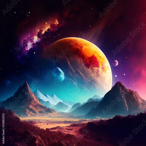 Abstract background of different planet. Starfield illustration. Neon background of different planet with mountains. Generate by AI.