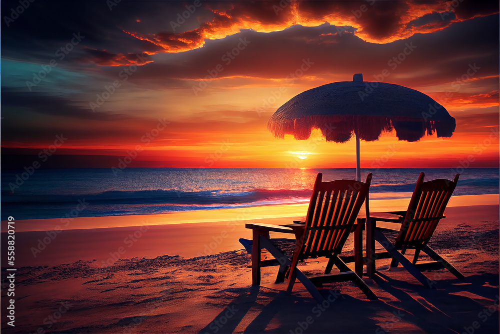 Sunset at the beach with two hammocks oriented to the setting sun, ideal for romantic holiday backgrounds, generative AI