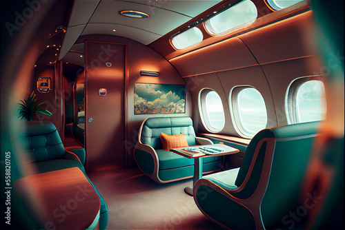 Luxurious first class airplane seat with lots of windows, generative AI