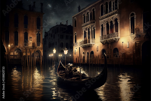 Twilight view of Venice grand canal at night with illuminated buildings, generative AI © FrankBoston