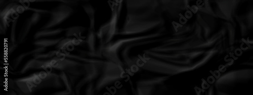 Dark Black facbric paper backdrop crumpled texture. dark black textured crumpled black paper background. panorama black paper texture background  crumpled pattern.