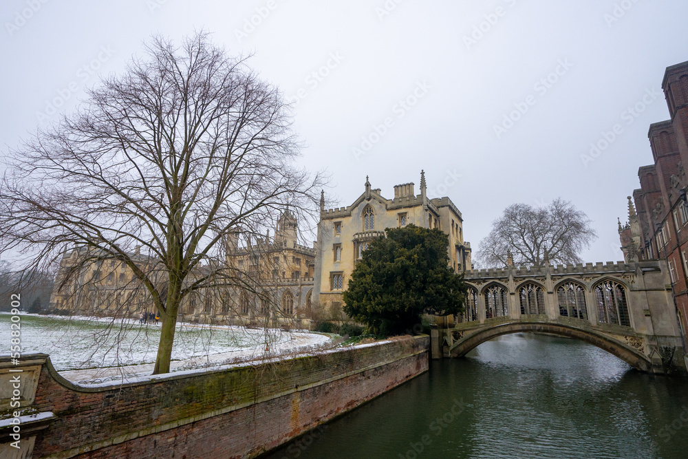 Bridge of Sighs , Stone Bridge at at St John's College around University of Cambridge during winter snow at Cambridge , United Kingdom : 3 March 2018