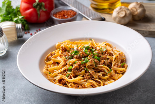 Spaghetti with minced meat in tomato sauce  pasta with noodles. Turkish noodle pasta.