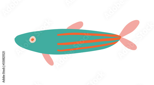 Vector hand drawn cute fish in flat style. Green fish. Vector illustration for icon, logo, print, icon, card, emblem, label. Aquarium, ocean, sea