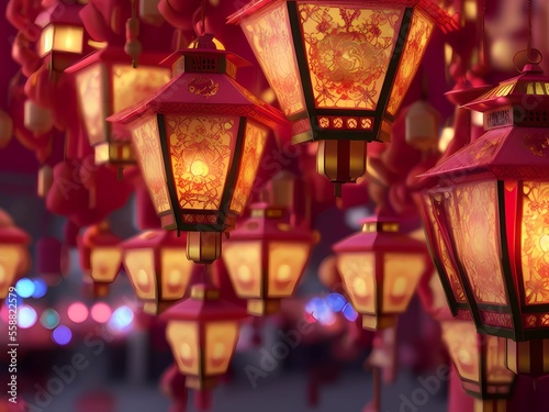 Beautiful red glowing Chinese lanterns in the town done with Generative AI