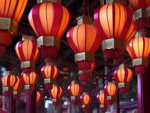 Beautiful red glowing Chinese lanterns in the town done with Generative AI