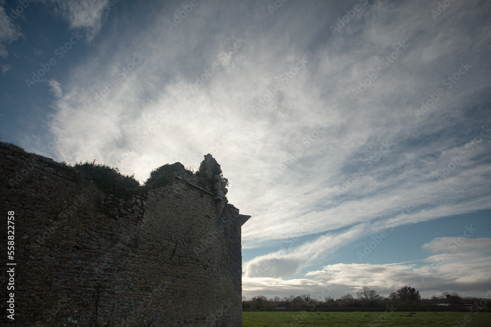 Obraz premium Unknown Ireland concept. Wall of old Ballygrennan Castle near Bruff, County Limerick, Ireland. Outdoor shot