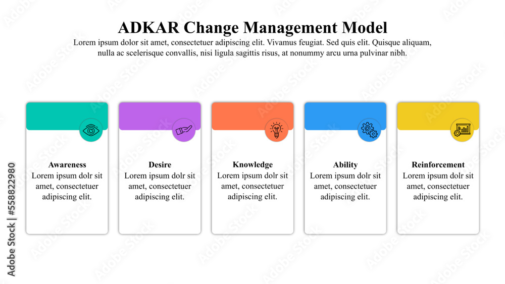Infographic template of ADKAR change management model with icons. Infographic template of ADKAR change management model with icons.