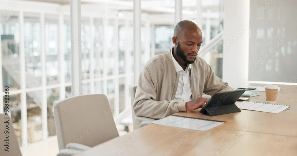 Businessman thinking, working with tablet and typing email or internet research for business project in conference room. Black man, employee and writing with technology, online and folder with ideas Businessman thinking, working with tablet and typing email or internet research for business project in conference room. Black man, employee and writing with technology, online and folder with ideas