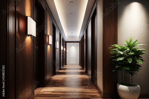 modern, luxurious hotel corridor with wood and tile. Generative AI