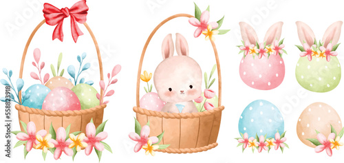 Watercolor illustration set of Easter basket and Easter eggs