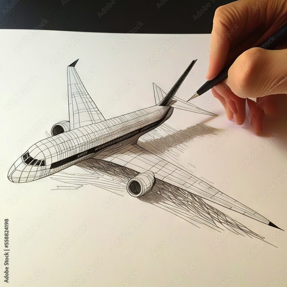 a drawing of a plane with a pencil in it's hand and a person's hand