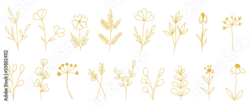 Luxury hand drawn botanical vector set. Collection of abstract gradient golden spring wild flowers, grass, leaf branch in minimal line art. Design illustration for logo, wedding, invitation, decor