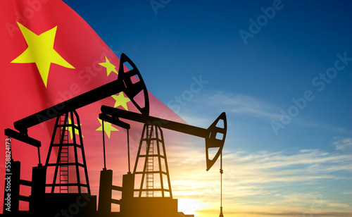 Silhouette of Oil pump. Industrial machine for petroleum on background of sunset. China Oil Industry concept. EPS10 vector