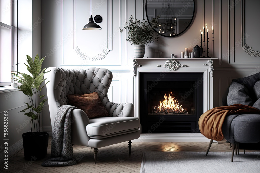 Naklejka premium Interior of a lovely living room with a fireplace and chairs. Generative AI
