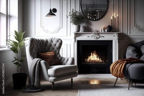 Interior of a lovely living room with a fireplace and chairs Fototapet