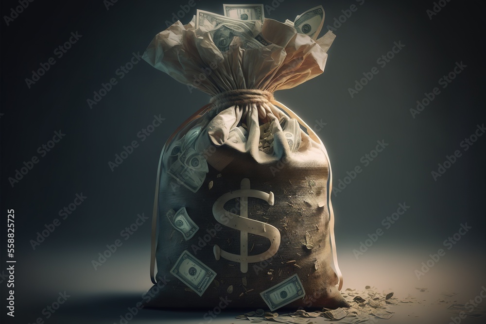  a bag of money with a dollar sign on it is shown in the middle of a pile of money on a dark background with a bitcountry floor and a bitcoin. - obrazy, fototapety, plakaty 