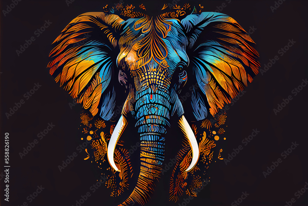 elephant head Fokus in camera ethnic painting with feathers - obrazy, fototapety, plakaty 