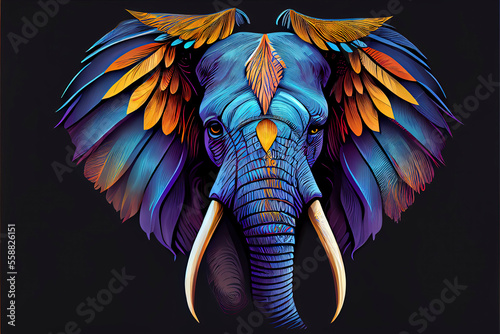 Obraz na plátne elephant head Fokus in camera ethnic painting with feathers