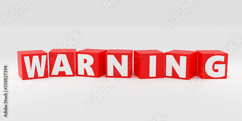 3d render sign warning on red cubes and light background. Simple minimalism concept. photo
