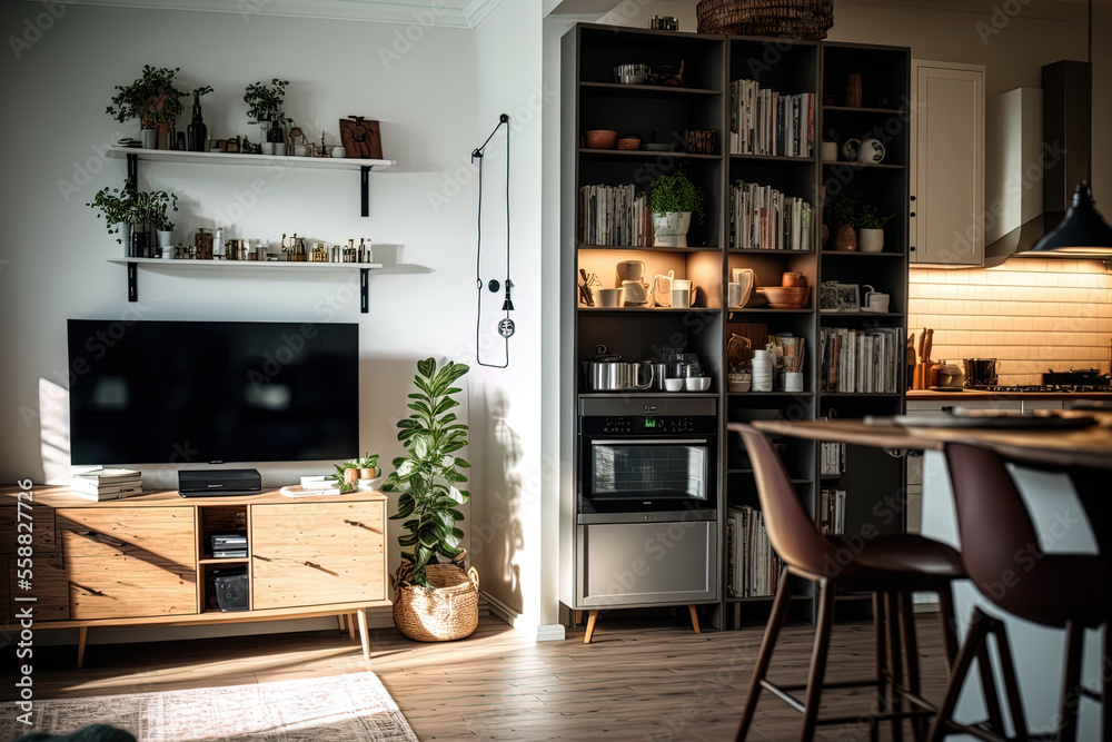 Interior of a hygge home with a wooden floor, a TV, and a bookcase. Generative AI