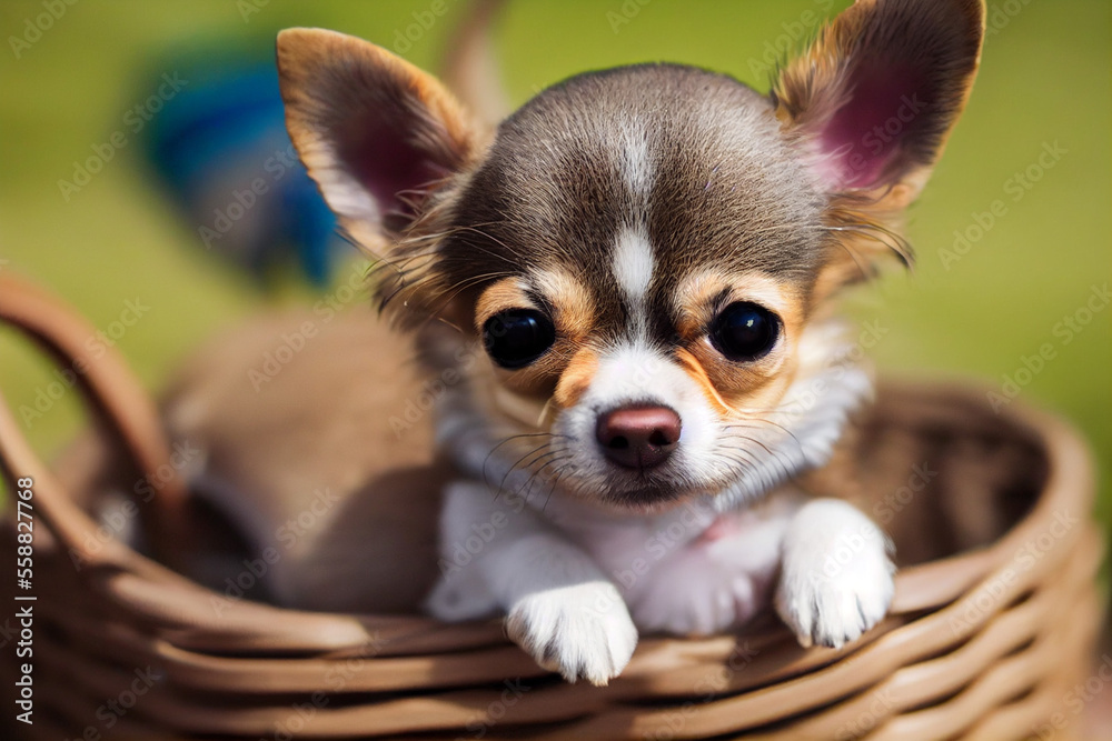 cute chihuahua puppy in a wicker basket on the green grass in the park, generative AI