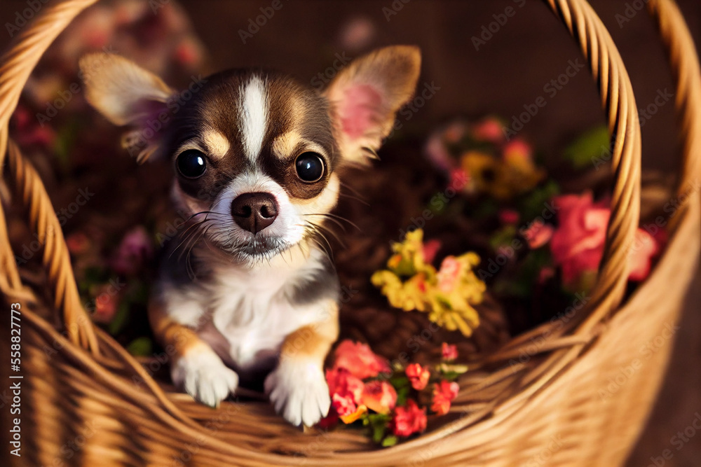 cute chihuahua puppy sitting in a wicker basket with colorful flowers, generative AI cute chihuahua puppy sitting in a wicker basket with colorful flowers, generative AI