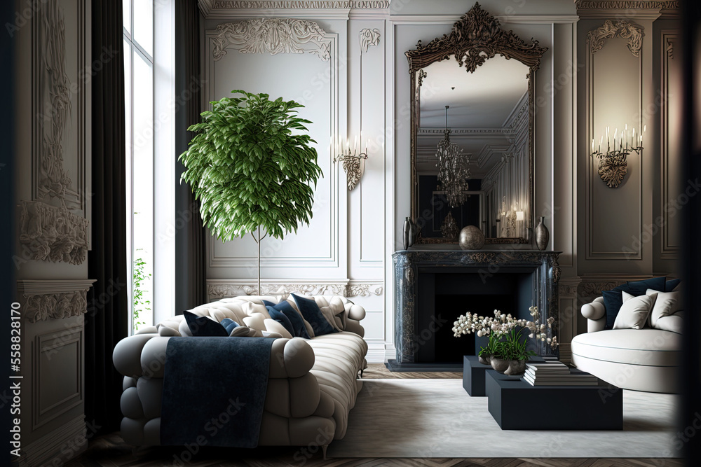 Fototapeta premium Morning in a lavish, light filled, Baroque style setting. A luxurious living room with parquet wood flooring, a fireplace, a sofa, and a houseplant has a bright and contemporary interior design. plast