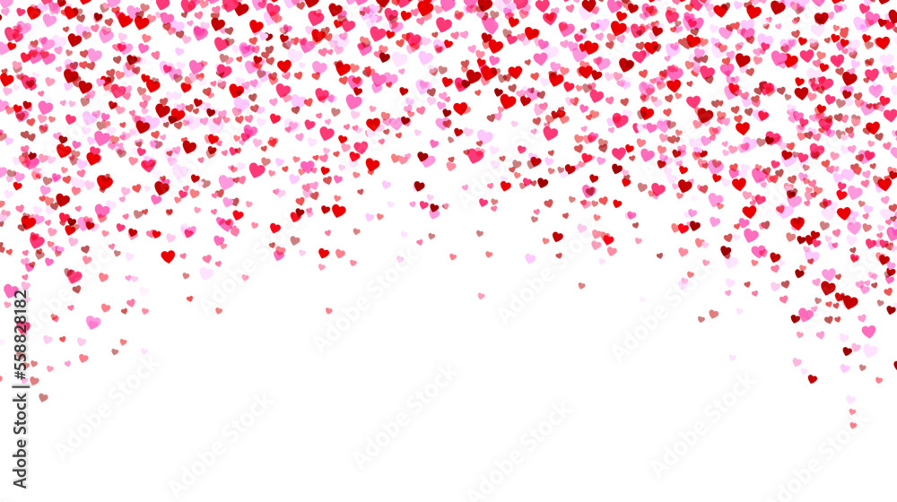 Red and pink heart confetti isolated on white background. Falling heart confetti background. Valentine's day, wedding or celebration design element