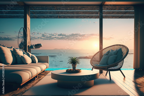 Fotografia Interior of a beach lounge with a sea view for the summer and on vacation