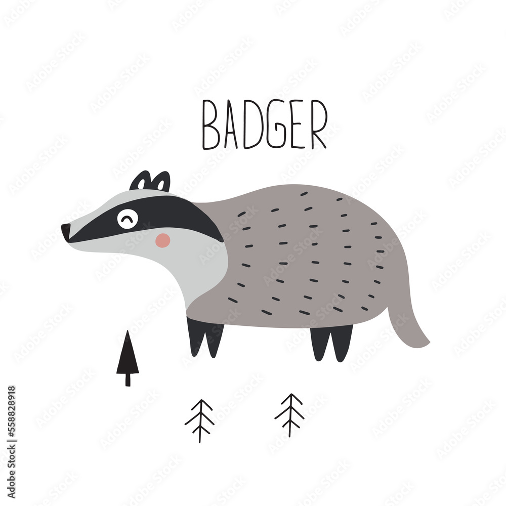 Postcard with animals badger for children. Educational preschool cards