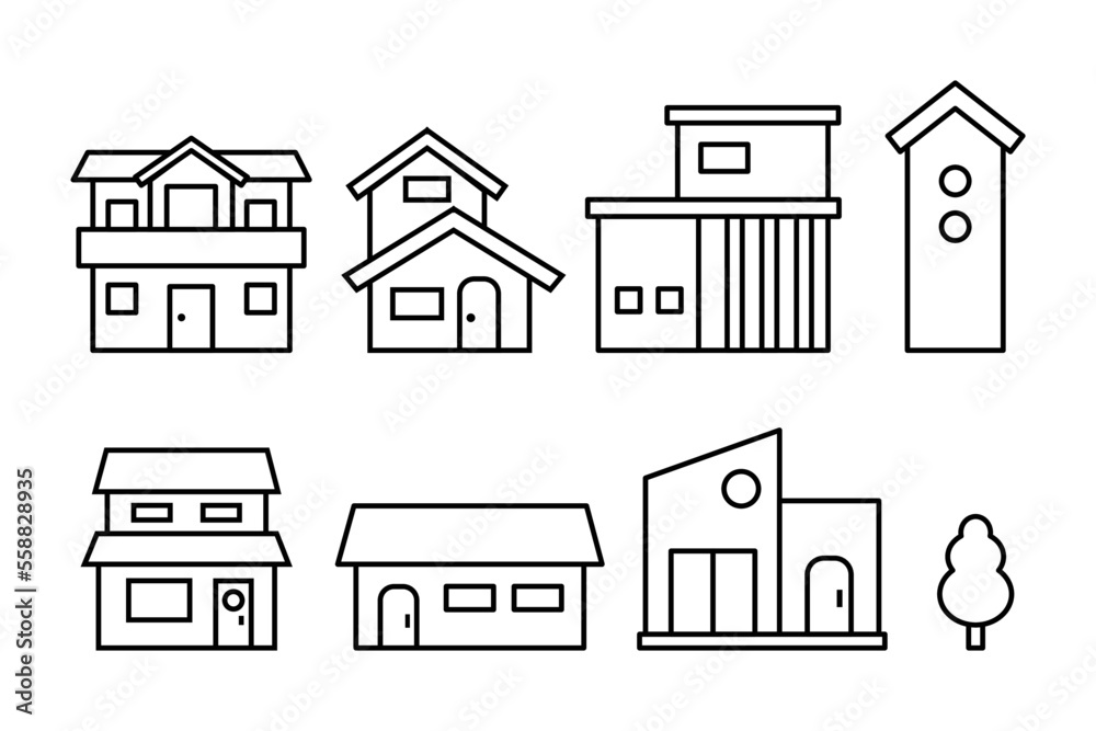 シンプルな線画の様々な建物セット　ベクターイラスト