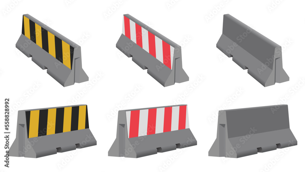 set of Striped concrete barriers for blocking road. Vector illustration, concrete road barriers, isolated on white set of Striped concrete barriers for blocking road. Vector illustration, concrete road barriers, isolated on white