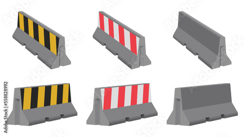 set of Striped concrete barriers for blocking road. Vector illustration, concrete road barriers, isolated on white
