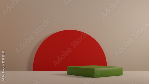 green cube podium product display with red circle background, 3D rendering