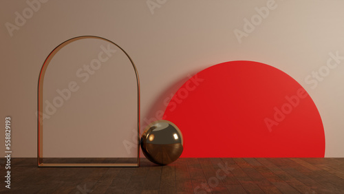 Wood tabletop Space for product display with gold elements with red circle background, 3D rendering