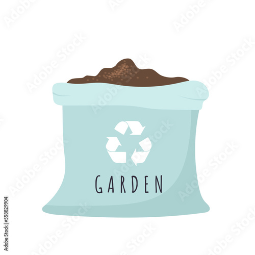 Canvas bag with garden soil. Farming or gardening hobby. Organic fertilizer or compost icon. Vector illustration in flat cartoon style. Zero waste concept.