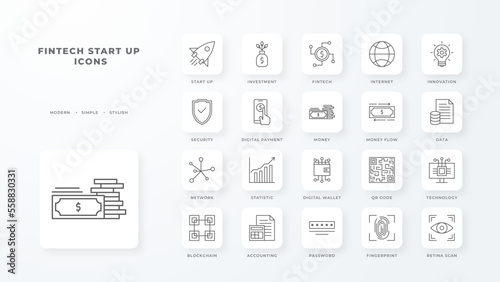 Fintech startup icon with black outline style