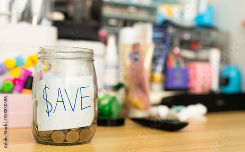 save label paper inside coins jar on table retro style in budget plan grow economy concept with copy space