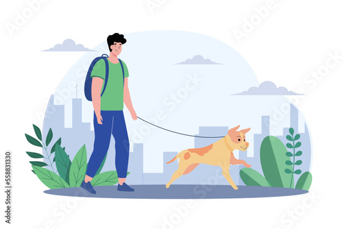 Young Man Walking With Cute Dog