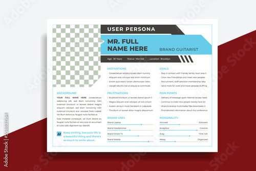 User Persona Document Template Vector Illustration. Examples of User Personas template. Persona Document. Persona Template for UI UX designer. User Persona vector horizontal template with blue color.