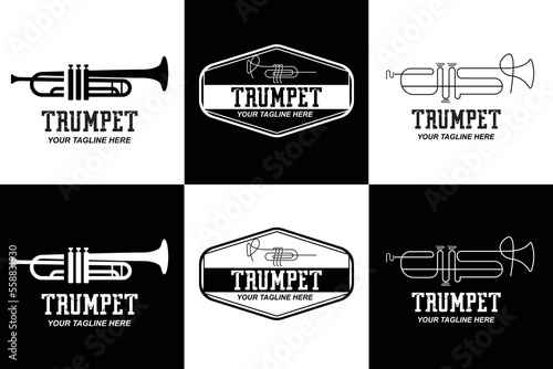 Trumpet logo design, generate melody, musical instrument vector sketch illustration